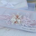 Subtelna kartka w pudełku na ślub - pudrowy róż, personalizacja