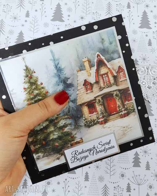 Kartka świąteczna z kieszonką, czarno-srebrna z zimową scenką