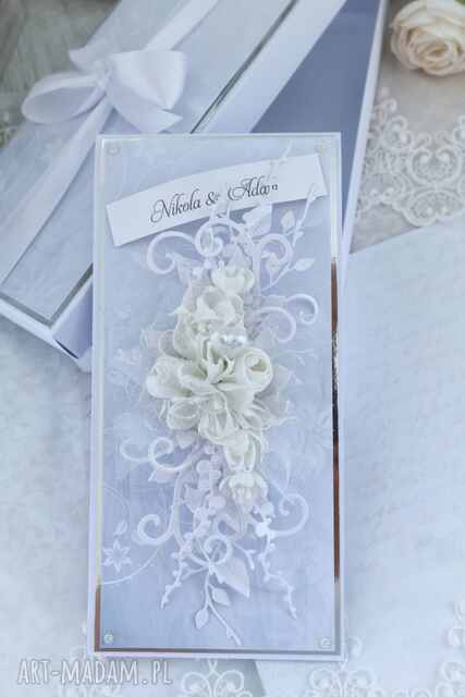 Biało-srebrna kartka ślubna w pudełku - elegancka, kartka ślubna personalizowana