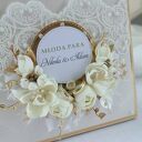 Zestaw ślubny w kremach i złocie - kartka w drewnianym pudełku i skrzynka na wino