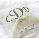 Personalizowana poduszka na obrączki z haftem - beżowa bawełna 18x18 cm
