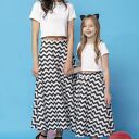 Spódnica midi z tkaniny bawełnianej, mmm35, czarny zygzak