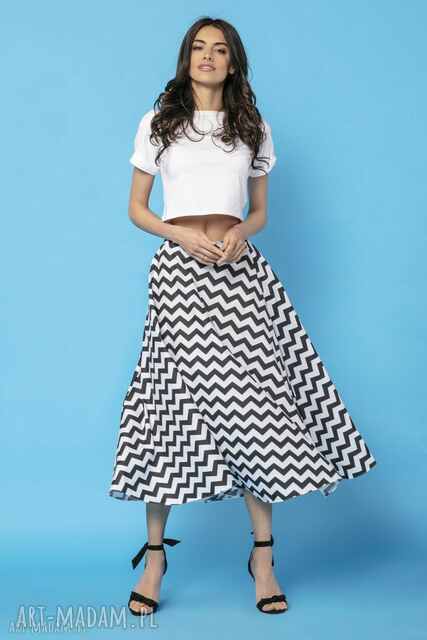 Spódnica midi z tkaniny bawełnianej, mmm35, czarny zygzak