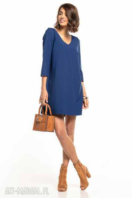 Elegancka sukienka z kontrafałdą na plecach i dekoltem V, T322, granatowa