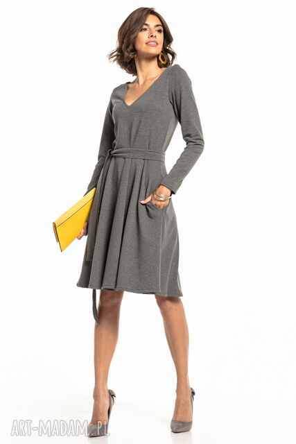 Sukienka rozkloszowana z dekoltem V, T323, szara