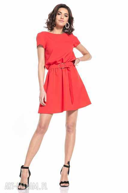 Elegancka sukienka mini ściągnięta w talii, T333, malinowa