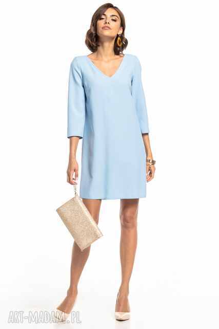 Elegancka sukienka z kontrafałdą na plecach i dekoltem V, T322, jasnoniebieska