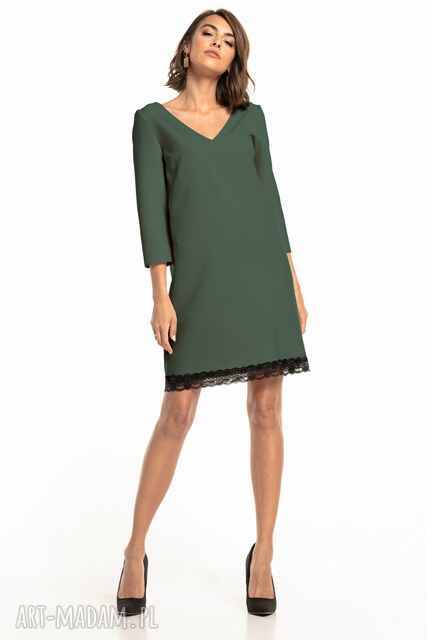 Prosta sukienka z dekoltem V i koronką, T324, khaki