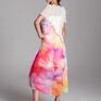 sukienki: Długa letnia trapezowa kolorowa z szyfonu z krótkim rękawem elegancka