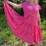 Różowa sukienka lniana z falbanami 100% len - boho oversize na lato