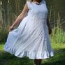 Biała lniana długa z falbaną 100% len - sukienka oversize z lnu