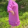 oversize purpurowa lniana z falbankami 100% len sukienka na lato