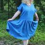 Niebieska z falbankami 100% len - sukienka lniana na lato