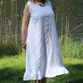 Biała lniana długa z falbaną 100% len na lato sukienka oversize