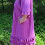 sukienka oversize lniana purpurowa z falbankami 100% len