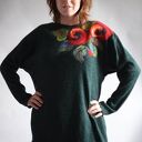 Sweter filcowany kwiatem haftowany z wełny i angory - zielony