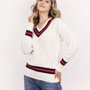 Sweter z ozdobnym dekoltem w serek SWE304 - ecru, granat i czerwony