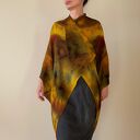 Kardigan „kokon” z wełny merino w brązach i żółtym - oversize