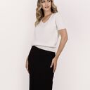 Dzianinowy t-shirt sweter SWE344 ecru na jesień z krótkim rękawem