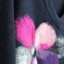 Granatowy sweter w serek z filcowanym kwiatem - ręcznie robiony oversize, rozmiar L