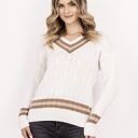 Sweter z ozdobnym dekoltem w serek - SWE304 ecru/mocca/beż MKM