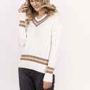 Sweter damski z ozdobnym dekoltem w serek SWE304 ecru/mocca/beż MKM