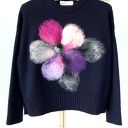 Ciepły granatowy sweter oversize S z filcowanym kwiatem