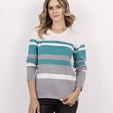 Sweter w paski z ciekawym dekoltem - SWE343 szary/ecru/zielony MKM