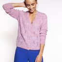 Różowy sweter ażurowy SWE267 z dekoltem w serek - kardigan z długim rękawem (MKM)