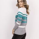 Sweter w paski z ciekawym dekoltem - SWE343 szary/ecru/zielony (handmade)
