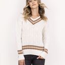 Sweter damski z ozdobnym dekoltem w serek SWE304 ecru/mocca/beż MKM