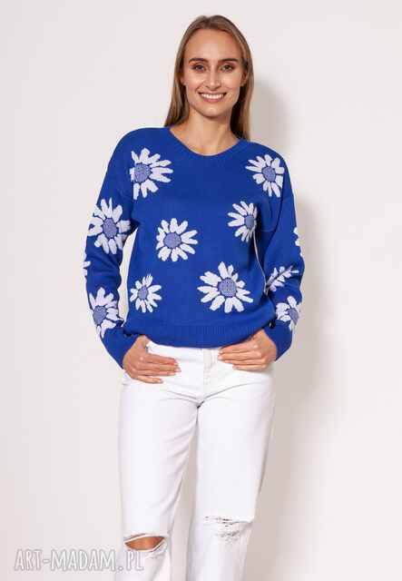 Sweter w kwiatki - SWE302 kobaltowy MKM