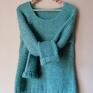 handmade swetry rękodzieło błękit z miętą puszysty, miękki, sweter na drutach