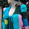 Linen Time olbrzymi wełniany wielokolorowy patchworkowy kardigan grube sploty swetry sweter duże oczka