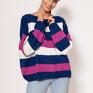 sweter w paski oversize'owy - swe299 kobalt/róż/ecru