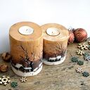 Dwa drewniane świeczniki z zimowym pejzażem