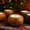 Zestaw 5 drewnianych świeczników z ręcznie wypalanymi motywami natury, handmade