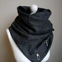 Piękny szal wełniany - grafitowy z czarną skórą