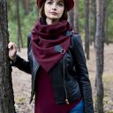 Szal, szalik, podwójny komin spinany, bordowy ze skórą