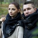 Ciepły wełniany szal - szary prążek ze skórzanymi zapinkami- UNISEX