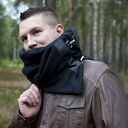 Szal wełniany ze skórą - komin, unisex, wełna, czarny, zyg-zag