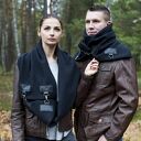Szal wełniany ze skórą - komin, unisex, wełna, czarny, zyg-zag