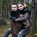 Szal wełniany ze skórą - komin, unisex, wełna, czarny, zyg-zag