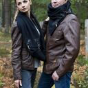Szal wełniany ze skórą - komin, unisex, wełna, czarny, zyg-zag