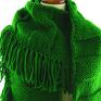 szaliki: zielony szal z frędzlami fredzle zimowy