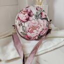 Okrągła torebka z weluru - różowe piwonie (handmade)
