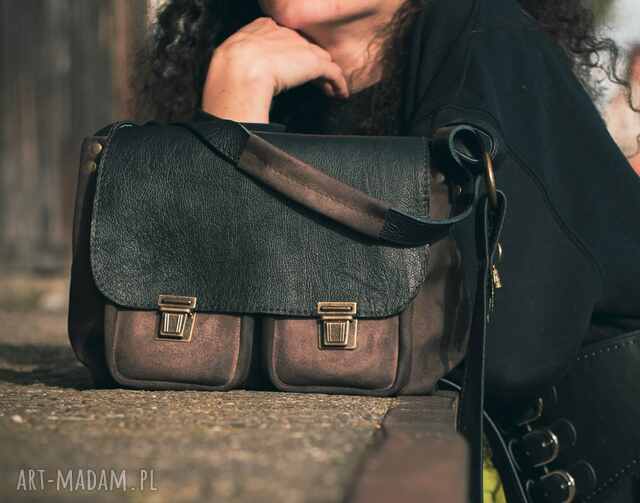 VANDA L. skórzana torba postarzana skóra naturalna zamsz CZARNA BRĄZ