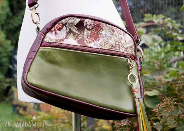 ZUCHWAŁA ZOŚKA torebka skórzana kuferek zieleń brąz bordo wzory motyle