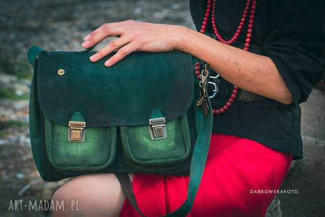 VANDA L. skórzana torba postarzana skóra naturalna zamsz ZIELENIE od ręki