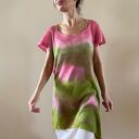 Ręcznie barwiona lniana tunika róż i zieleń (one size S/M/L)